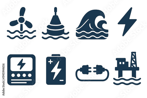 Marine Energy Icons. Marine Power Icons: wave turbine, buoy, ocean wave, energy bolt, control panel, battery storage, cable connection, sea platform
