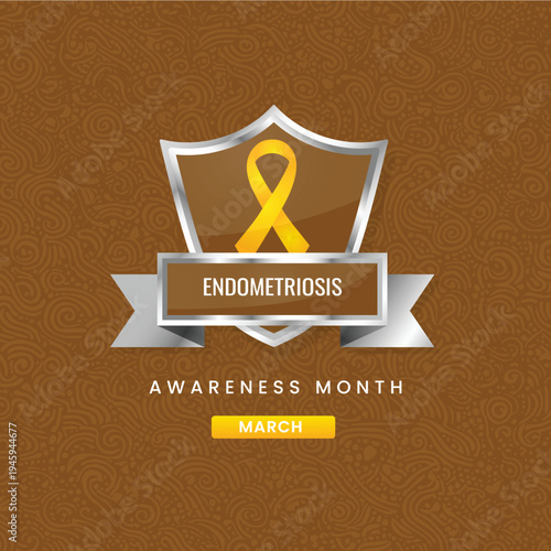 Silver shield with a yellow awareness ribbon for Endometriosis Awareness Month in March. Professional vector design for women's health education and support.