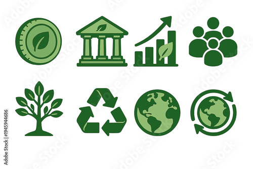 Eco-Friendly Financial Icons. Sustainable Economy: green coin, eco bank, leaf symbol, ethical investment chart, community group, growth tree, recycling arrows, planet icon