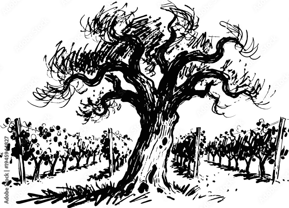 Fototapeta premium ancient gnarled tree with twisted branches in vineyard landscape vintage ink sketch