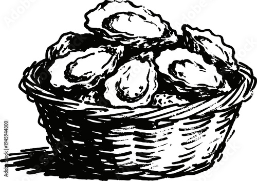 Basket of fresh oysters with shells opened and detailed texture, hand drawn seafood illustration