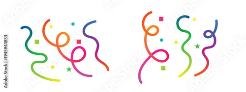 Colorful swirling streamers and confetti on a white background for celebration