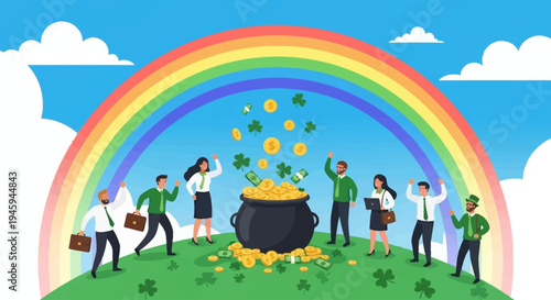 Business people celebrating success with a pot of gold and falling coins under a vibrant rainbow.