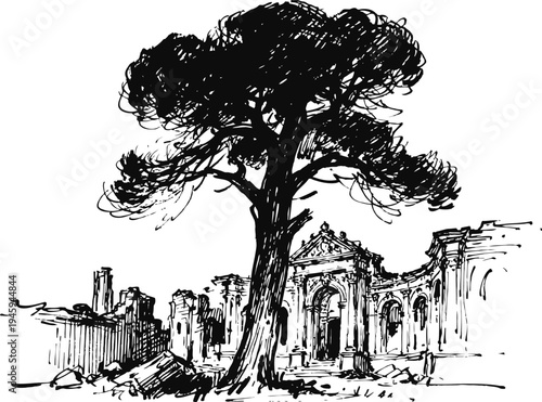 Ancient tree growing among historic stone ruins with detailed architectural remains and debris