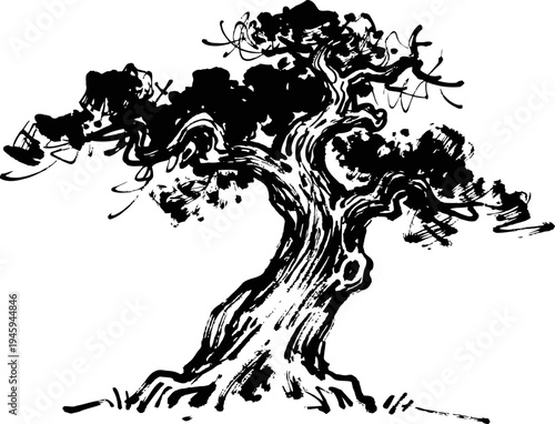 Black ink drawing of a twisted old tree with thick trunk and dense foliage in calligraphy