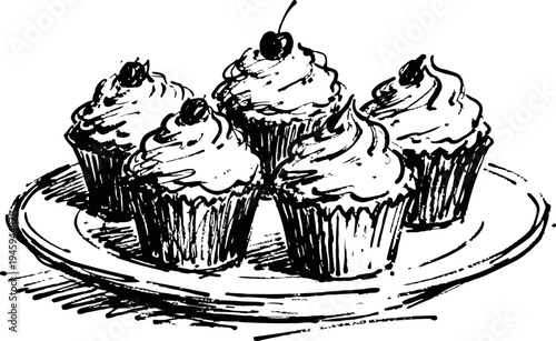 Five cupcakes with frosting and cherries on top arranged on a round plate