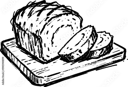 Loaf of sliced bread on wooden cutting board, hand drawn bakery illustration