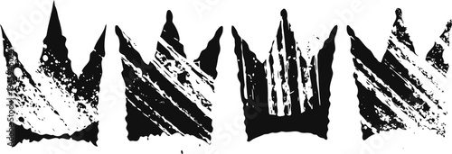 Set of four black crown silhouettes with grunge texture, rough distressed edges