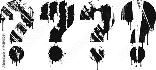 Grunge question and exclamation marks black ink splatter punctuation symbols with rough distressed texture