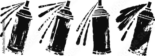Spray paint cans with dripping paint in black ink grunge silhouettes