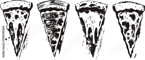four hand drawn black and white pizza slice illustrations with varied toppings and melted cheese