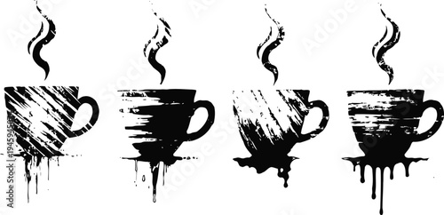 four steaming coffee cups splattered artistic grunge black ink illustrations