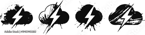 black grunge thunderbolt icons with lightning bolt and cloud silhouette