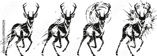 Stylized black ink deer silhouettes with dynamic brush stroke effects in motion sequence