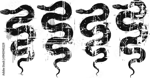 grunge black snake silhouettes with distressed texture in various coiled positions