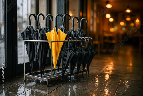 Yellow umbrella standing out among black umbrellas by a rainy window.