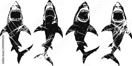 set of distressed great white shark silhouettes in dynamic swimming poses with grunge texture
