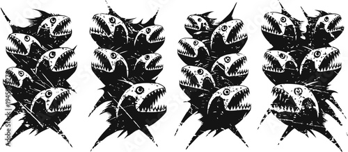 Black and white abstract collage of aggressive open mouthed fish heads in a vertical pattern