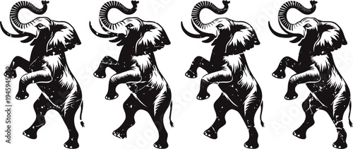 Four vintage black and white rearing elephants silhouettes in a row with raised trunks