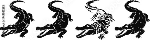 black tribal crocodile silhouettes in various styles on a white background