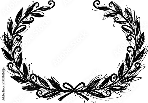 Grunge black laurel wreath illustration with leaves and swirls, vintage ornamental frame design