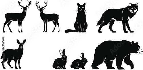 Set of black silhouettes featuring a majestic stag, sitting cat, wild wolf, rabbits, and a walking bear isolated on white.