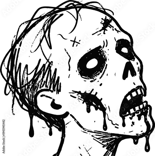 Creepy zombie head sketch with dripping wounds and hollow eyes, horror illustration