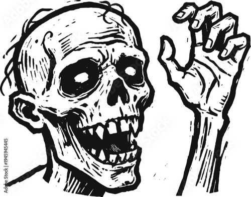 hand drawn zombie with decayed skull and skeletal hand reaching out in black and white illustration