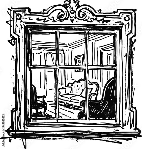 Antique window frame with divided glass panes showing vintage living room interior