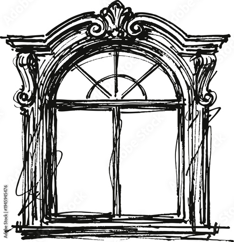 Ornate arched window frame with decorative molding and divided glass panes design