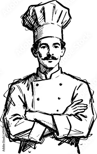Confident male chef sketch wearing traditional toque and double breasted culinary uniform crossed arms