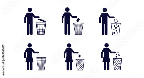Trash can and people icons for waste disposal and recycling, flat vector symbols