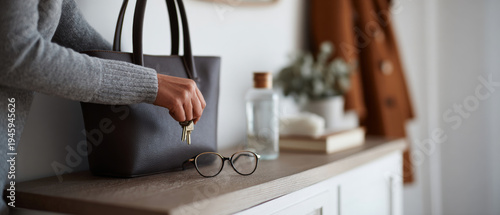 Woman placing keys in handbag indoors