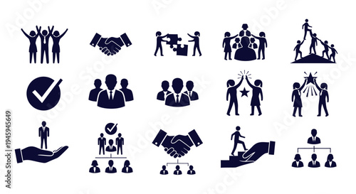 Teamwork and partnership icons set for business and collaboration, flat vector design