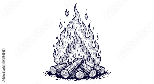 Campfire with burning flames and logs, outdoor fire pit illustration