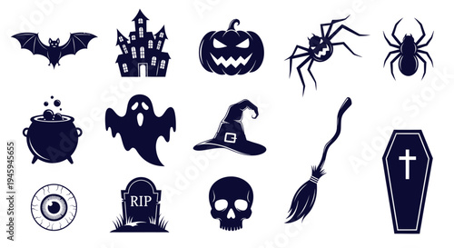 Halloween icons set with spooky symbols and objects, black silhouette vector graphics