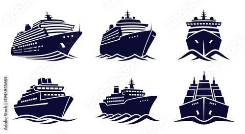 Cruise ship icons for travel and tourism, vector nautical symbols