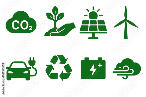 Carbon Reduction Icons. Carbon Reduction Icons: CO2 symbol, tree planting, solar panel, wind turbine, electric car, recycling arrows, battery storage, clean air cloud