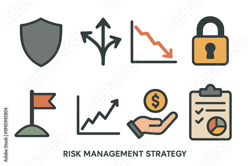 Risk Management Icons. Risk Management Strategy: shield icon, diversification arrows, downward graph, secure lock, goal flag, line chart, hand with coin, financial plan