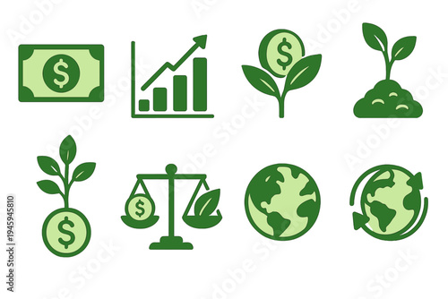 Eco-Friendly Investment Icons. Sustainable Cash Flow: green dollar, eco graph, renewable investment icon, leaf with coin, ethical fund, savings tree, balance scale, planet with