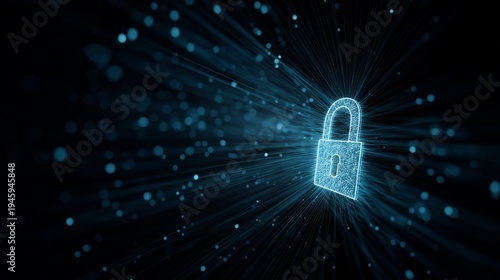 Network security background with luminous digital padlock and protected data flow