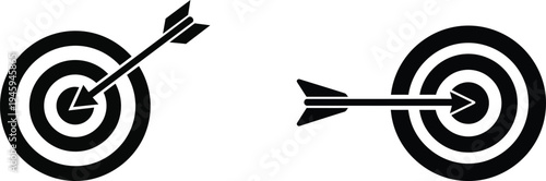 Two black and white illustrations of arrows hitting targets