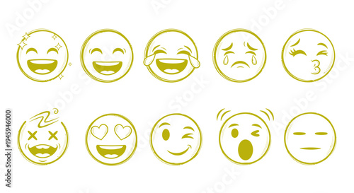 Emoticon faces set for messaging and social media, yellow line icons