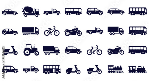 Transportation icons set with cars, trucks, buses, bicycles, motorcycles, tractors, and scooters, flat vector symbols