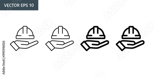 Four construction hard hat icons on hand in various line styles for design
