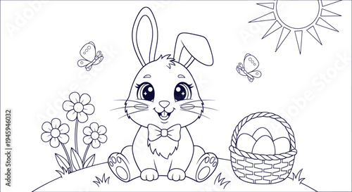 Easter bunny with eggs basket and flowers, coloring book page