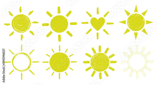 Sun icons set with various rays and heart symbol, yellow and white