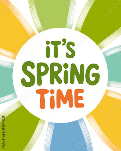 Colorful springtime text graphic with sunburst design elements