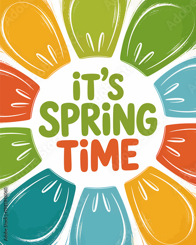 Colorful springtime illustration with petals and text on white background