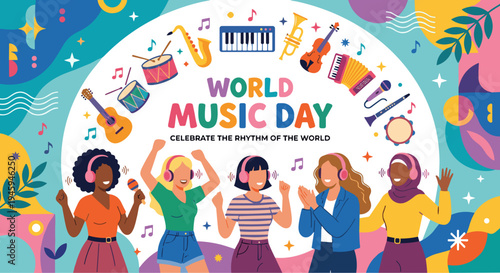 Diverse Women Dancing and Celebrating World Music Day with Musical Instrument Icons